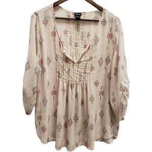 Torrid Sheer Pintuck Tunic Top Aztec Print 3/4 Sleeve V Neck Size 0X